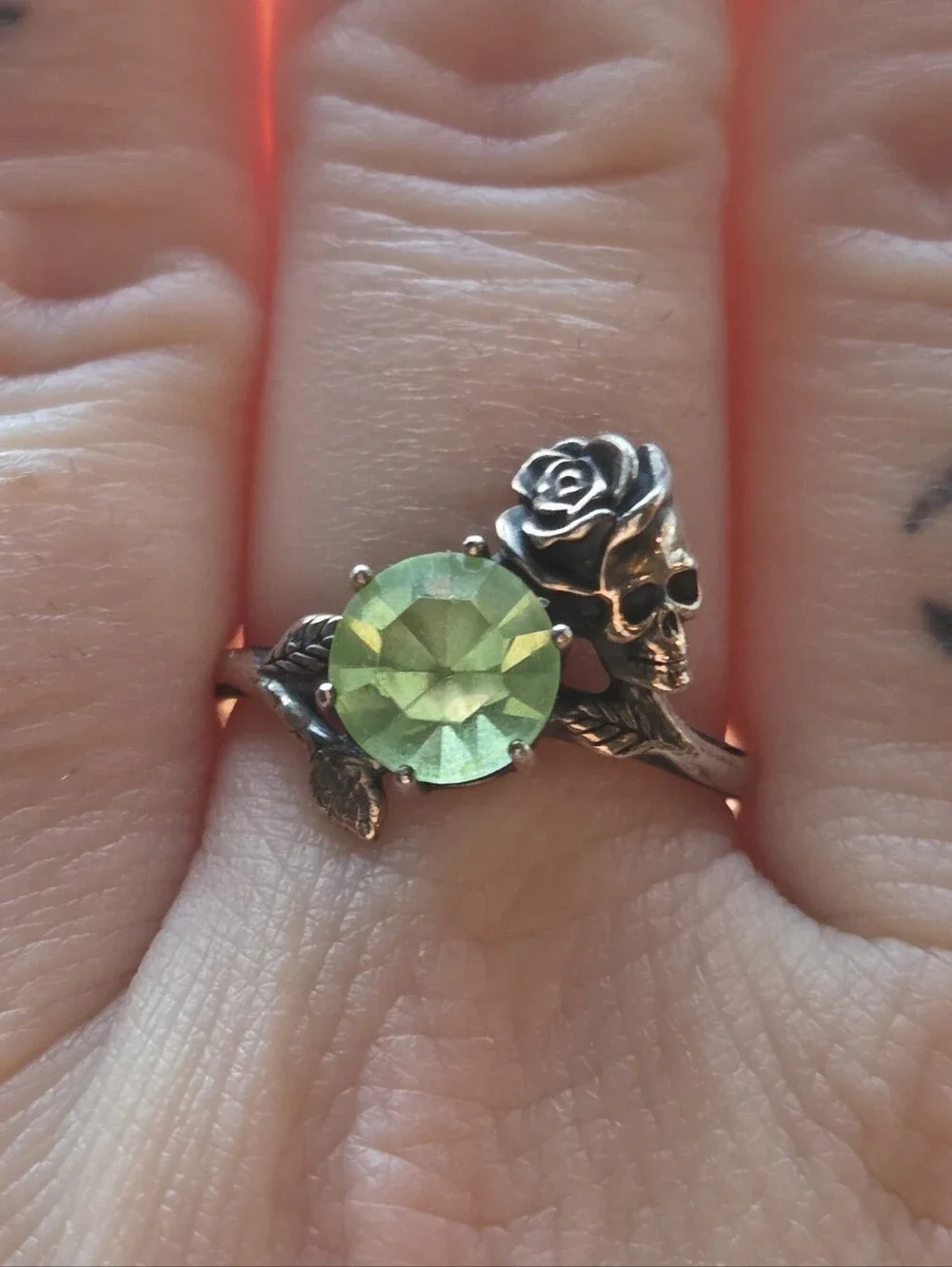 2ct Uranium Glass Rose and Skull Ring - Sterling Silver